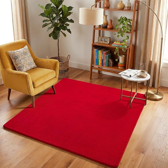 Amearea 4x4 Square Area Rugs for Bedroom Living Room, Red Memory Foam Rug | Thickened Fluffy Indoor Washable Rug, Modern Non Slip Minimalist Carpet for Entryway Kids Boys Girls Dorm Nursery Room Decor