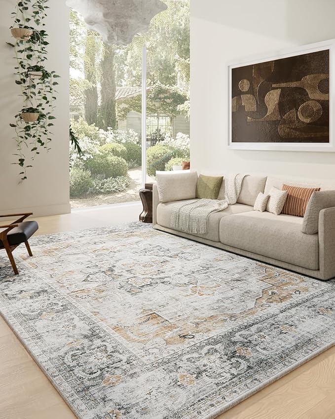 Area Rugs 9x12 Living Room: Washable Rug Non Slip Low Pile Soft Faux Wool Non Shedding Distressed Vintage Boho Large Area Rugs for Bedroom Dining Room Kitchen Nursery Under Table Farmhouse Home Office