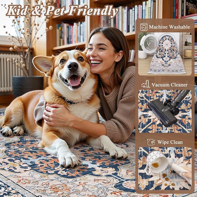 U'Artlines Boho Vintage Area Rug 8x10 Machine Washable Carpet, Orange Blue | Low Pile, Non Slip, Ultra-Thin Soft Floor Carpet, Accent Rug for Living Room Bedroom Entryway Dining Room Office