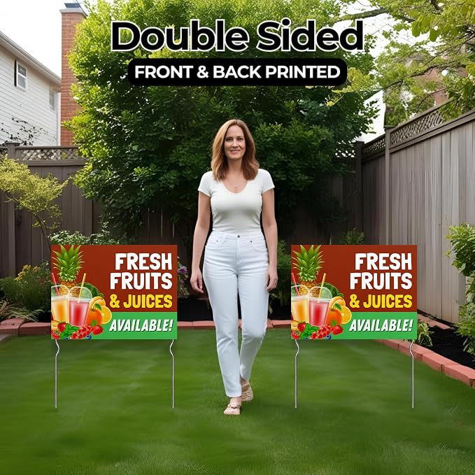 Fresh Fruits & Juices Available! Yard Sign by DC | 24"x18" Double Sided Conv. Store Garden Sign with 13” Metal Stakes | Outdoor Signs Waterproof for Lawn, Patio, Sidewalk & House | Set of 1