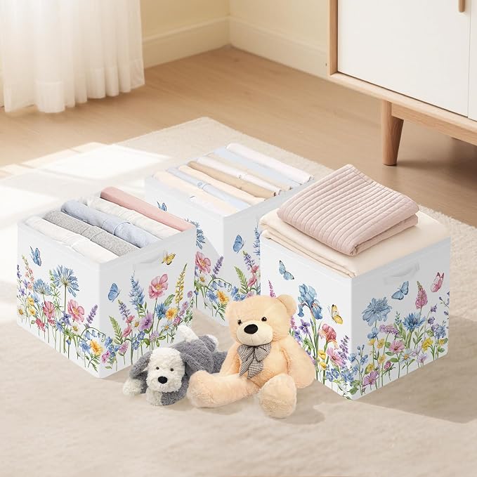 Clastyle Flowers Storage Cube Organizer Set Handle Closet Clothes Cube with Metal Frame Foldable Parents Organizer Storage Basket for Book Toy,Blue Flowers,11.8x11.8x11.8 in