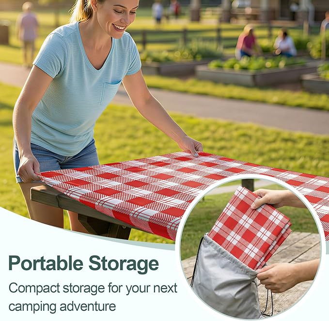 Play Tailor Picnic Table Cover with Bench Covers Camping Essentials Waterproof Windproof Camping Tablecloth with Drawstring Bag, Fitted Rectangle Tables and Seats, 72in, Red Checkered