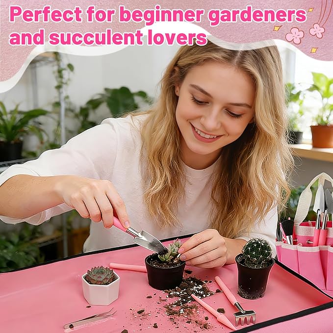 44pcs Small Gardening Tools Gifts for Women Beginners - Garden Hand Tools Set for Indoor Succulent Bonsai Plants Transplanting, Included Bag/Repotting Mat/Shovel/Labels, Pink