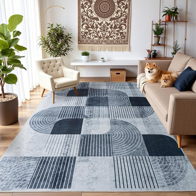 8x10 Area Rugs Washable Living Room Rug - Non-Slip Carpets Modern Rug | Neutral Soft Abstract Carpet Indoor Floor Stain Resistant Carpets for Bedroom Dining Room Nursery Home Office, Blue & Gray