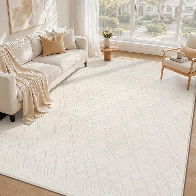 6x9 Area Rugs Washable Rug: Geometric Moroccan Farmhouse Rugs Large Living Room Rug Modern Neutral Soft Non-Slip Printed Pattern Carpet for Bedroom Dining Room Nursery Office (Beige, 6'x9')