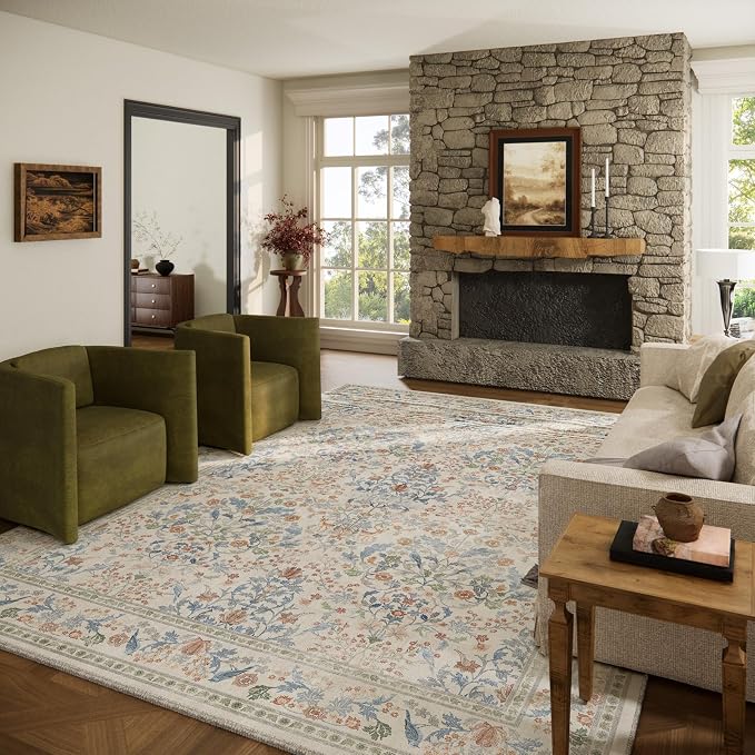 8x10 Area Rugs for Living Room: Washable Bedroom Rug Vintage Area Rug Stain Resistant Non Slip Low Pile Lightweight Soft Carpets Rug for Dining Room Kitchen Nursery Kids Room Farmhouse Indoor