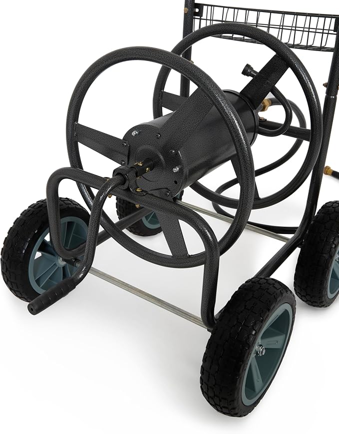 Backyard Expressions 4‑Wheel Garden Hose Reel Cart with Storage Basket, Hand‑Crank Rewind, Rust‑Resistant Hammertone Gray Finish, Brass Connectors