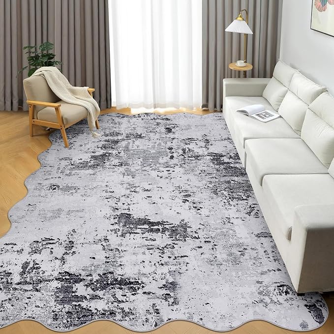 ROYHOME 5x7 Modern Abstract Scalloped Area Rugs Faux Wool Rug, Grey | Ultra-Soft Low Pile Stain Resistant Machine Washable Carpet for Bedroom with Non Slip Backing