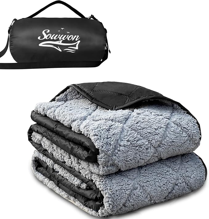 Waterproof Outdoor Blanket 62"x51" Sherpa Fleece 300GSM Black | Stadium Blankets for Camping, Packable, Windproof Emergency Throw for Grass Picnic Hiking Road Trip, Machine Washable
