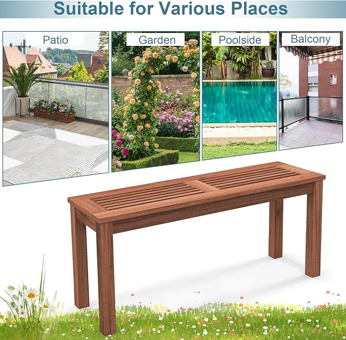Wooden Outdoor Bench, 2-Seater Backless Garden Bench, Solid Weatherproof Wood Frame for Outdoors, 39.5” Long Slatted Patio Bench for Entryway, Porch, Backyard, Lawn, Natural