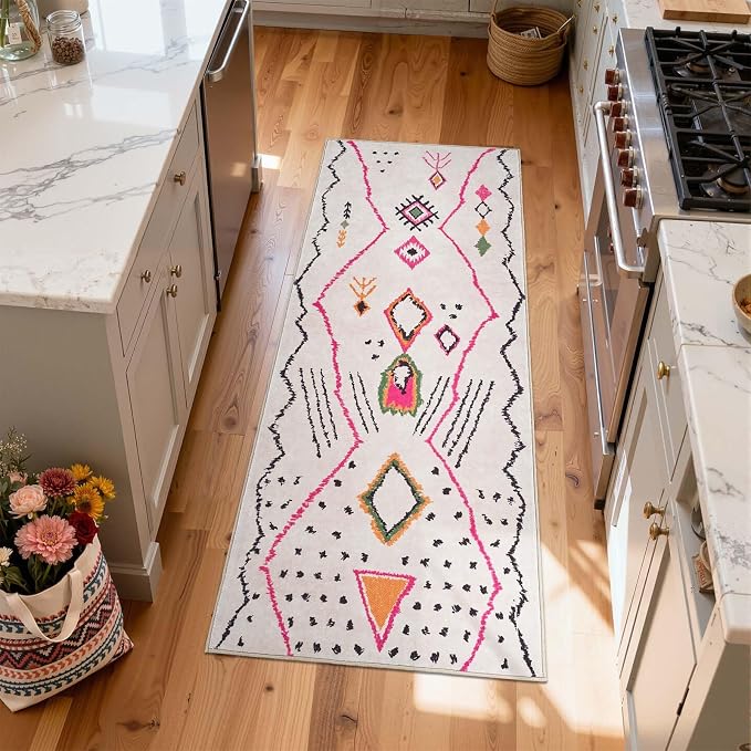 jinchan 2x5 Runner Rug Hot Nerd Boho Geometric Washable Hallway Rug, Beige | Tribal Inspired, Diamond Motifs, Artistic Lines, Washable, Soft Touch, Non-Slip, Low Pile, Hallway, Kitchen, Bedroom