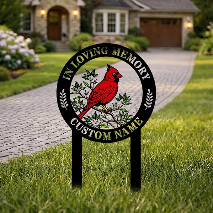 Personalized Cardinal Metal Sign with Stakes, Custom Garden Yard Decor Outdoor, Memorial Gift for Mom, Garden Plaque Gifts for Memorial, Remembrance loss loved Ones Grave Marker