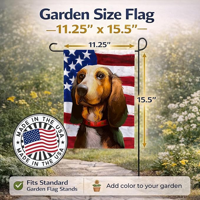 Caroline's Treasures CK6464GF Bruno Jura Hound Dog American Flag Garden Flag Mailbox Flag Decorative Yard Flag Banner Outside Patio Artwork Yard Flower Beds, Garden Size, Multicolor