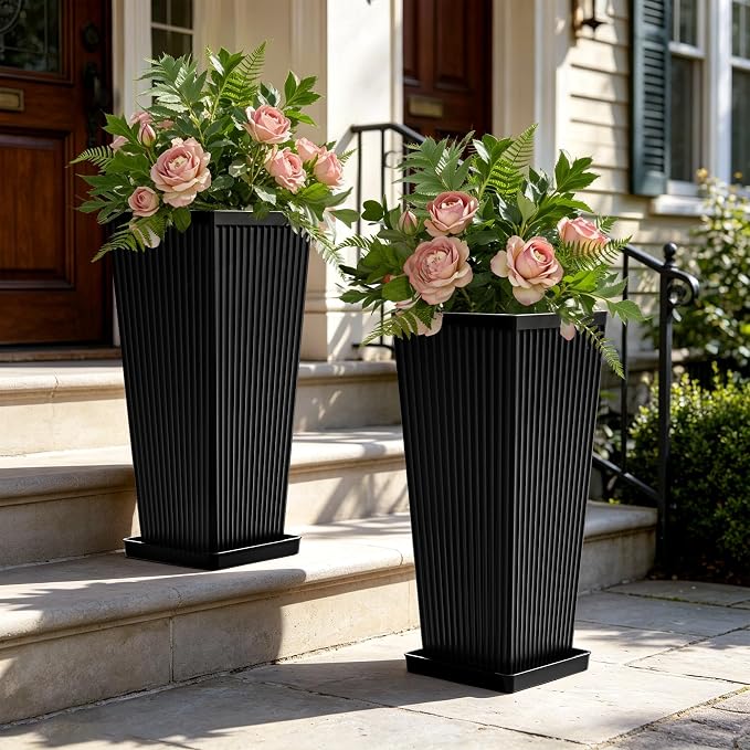 Square Tall Planters for Outdoor Plants Set of 2 - Fluted Large Outdoor Planters for Porch with Tray Saucers and Drainage Holes, Tapered Tall Indoor Flower Pots for Patio Garden, Black