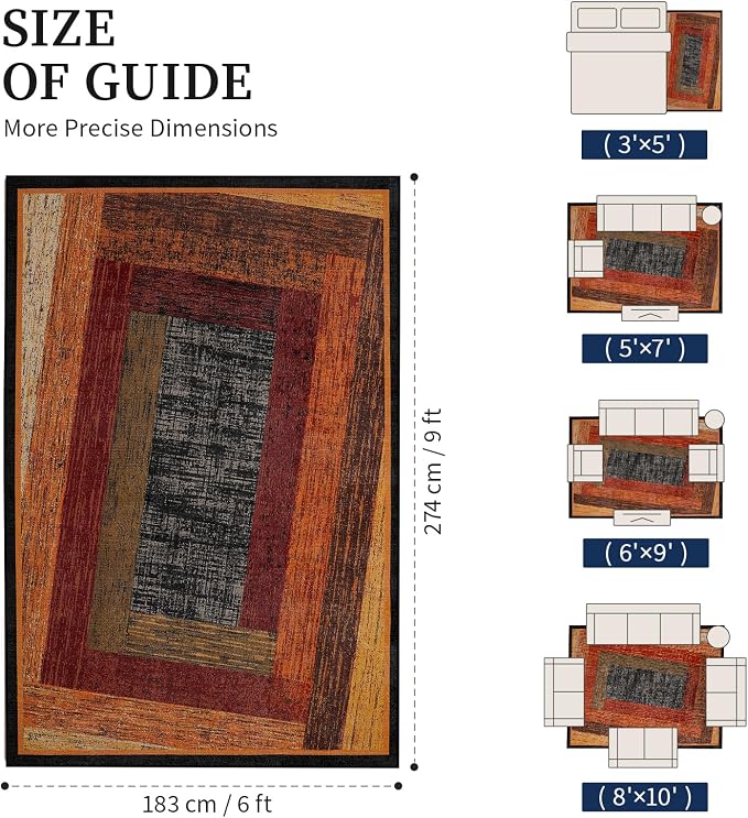 Brown Geometric Woody Area Rug 6x9 for Living Room,Retro Farmhouse Rugs Washable,Vintage Rug Non Slip, Boho Area Rug for Kitchen,Dining Room,Bedroom