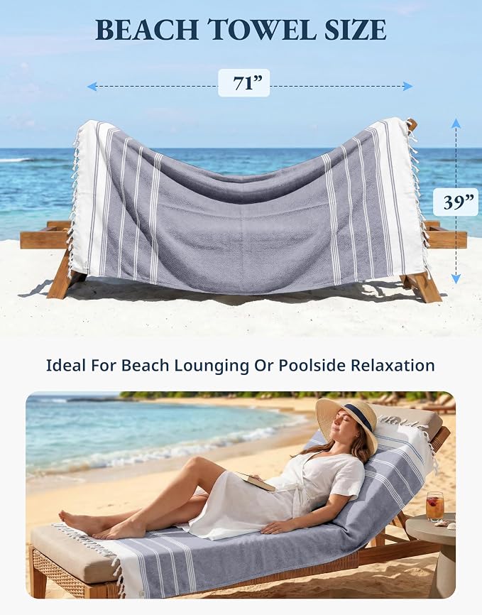 LANE LINEN Turkish Beach Towels, Extra Large Beach Towel, Pre-Washed for Soft Feel, Oversized Sand Free Quick-Dry Pool Towel, Beach Towels for Adults, 39"x71" - Navy Blazer