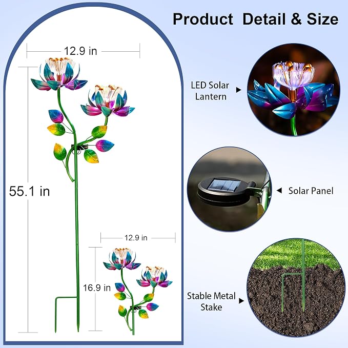 Solar Wind Spinners Blue Twin Flowers for Yard and Garden, Solar Windmill Garden Whirligig Kinetic Spinners Decor for Lawn, Patio, Yard, Metal Wind Outdoor Sculpture