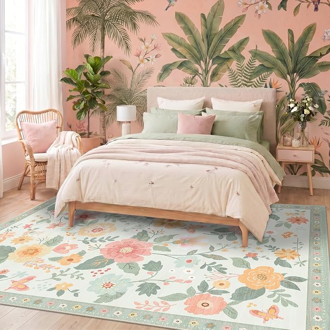 RELEANY Floral Washable 8x10 Area Rugs Beige/Green | Flower Carpet, Print, Boho, Non-Slip, Easy to Clean, Soft, Low Pile for Living Room Bedroom Kitchen Office Entryway Hallway