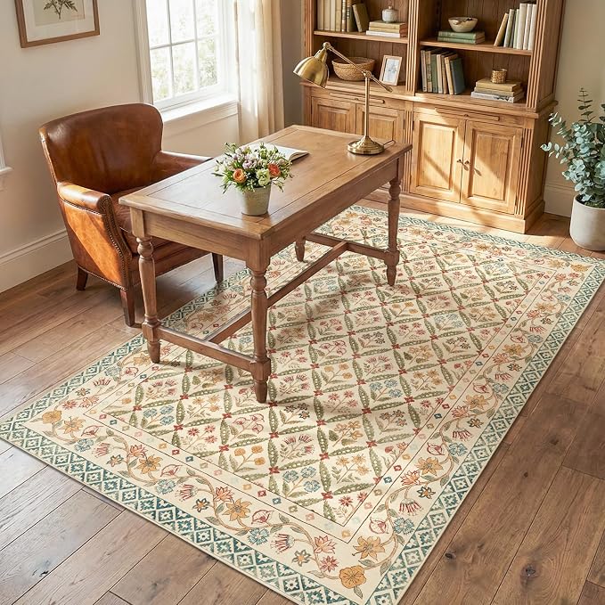 jinchan 6x9 Vintage Floral Washable Large Living Room Area Rug, Teal Blue | Soft & Lightweight, Checkered Floral, Low Pile, Non Slip, Bedroom, Dining Room, Girls Room, Home Office, Cottage Decor