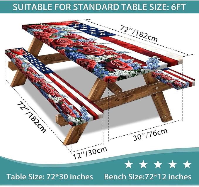 Picnic Table Cover with Bench Covers, Waterproof Elastic Fitted Tablecloths for 6 Foot Rectangle Tables, Washable American Flag Tablecloth for Camping, Outdoor (Red & Blue, 30"x96")