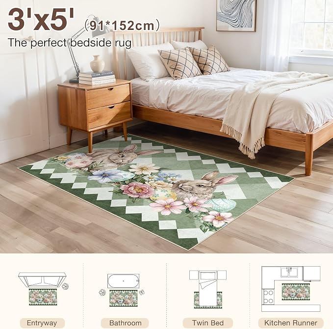 cotiled Area Rug for Living Room, Washable Non-Slip Large Area Rug, Indoor Floor Carpet Low Pile Soft Boho Farmhouse Rug for Bedroom Dining Room Green 3x5