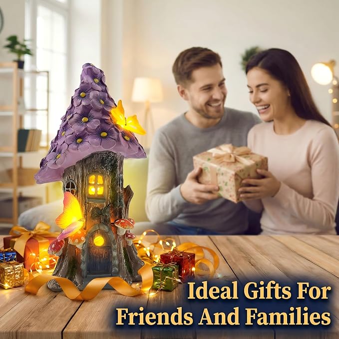 COWOS Mushroom House Statue, Garden Decor Outdoor Solar Statues, Solar Garden Statue Lights, Fairy Garden Decorations, Mushroom Fairy House Figurine with Butterflies and Flowers for Yard Decor