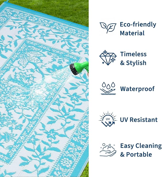 Garvee Outdoor Rug 5x8, Waterproof Reversible Foldable Plastic Straw Rug, Botanical cottagecore Outdoor Rugs Patio Camping RV Carpet for Deck Camper Porch Balcony Backyard Picnic Beach Blue