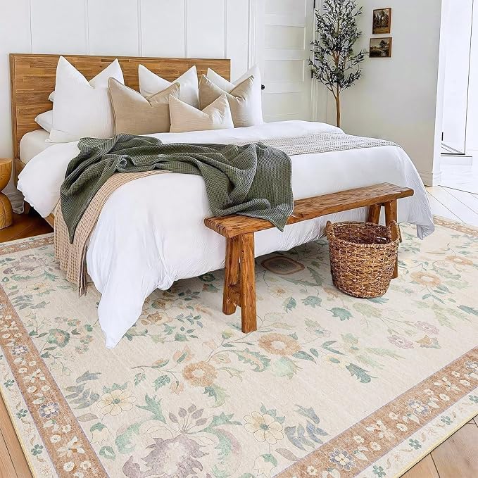 8x10 Area Rugs Washable Floral Rug Non Slip Ultra-Thin Large | Machine Washable Throw Carpet for Living Room Dining Room Bedroom Floor Indoor Low Pile Boho Vintage Beige