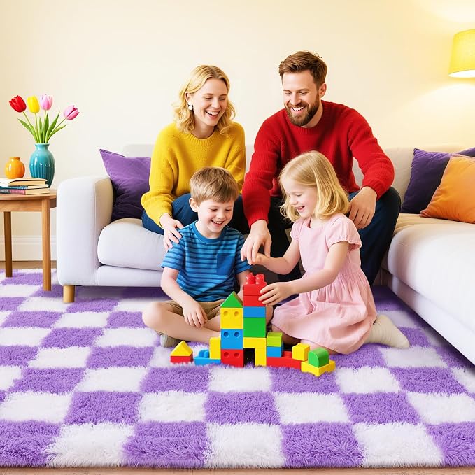 Checkered Rug for Living Room 8x10, Ultra Fluffy Fuzzy Shag Large Area Rug for Bedroom, Modern Plush Soft Upgrade Non-Slip Carpet for Kids Girls and Boys Room Dorm Home Decor, White and Purple