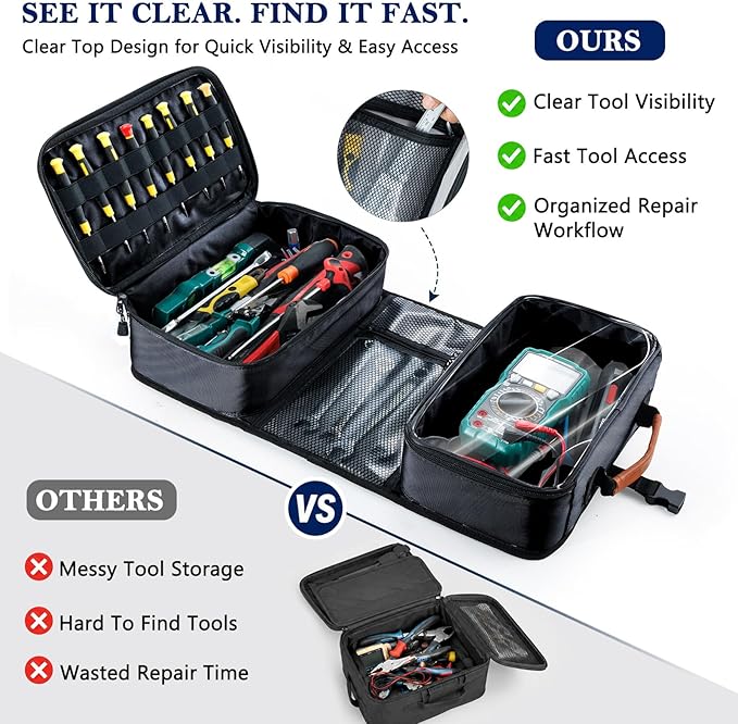 Heavy Duty Tool Bag Organizer with Clear Lid Compartments for Electrician, Portable Tool Organizer Case for Multimeter, Diagnostic & HVAC Repair Tools, Roll Up Tool Bag Organizer
