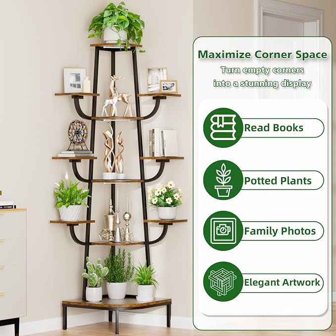 LATIBELL Corner Plant Stand Indoor with Grow Light, 72'' Tall Plant Shelf for Indoor Plants, 8 Tiered Metal Tree-Shaped Display Capable of Holding Large Pots for Home, Patio and Balcony, Black