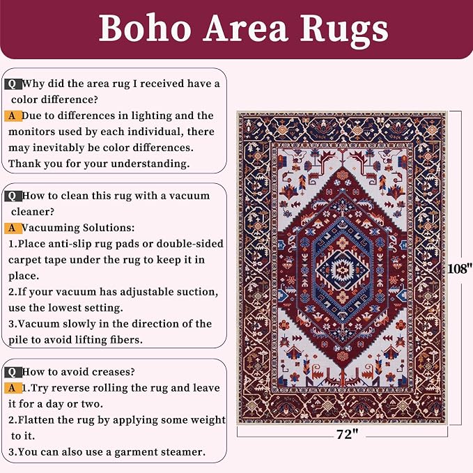 SERISSA 6x9 Washable Non Slip Boho Area Rug for Living Room | Ultra Soft Vintage Oriental Carpet Low-Pile Burgundy Navy Throw Carpet for Dining Room Bedroom Dorm Office Home Decor