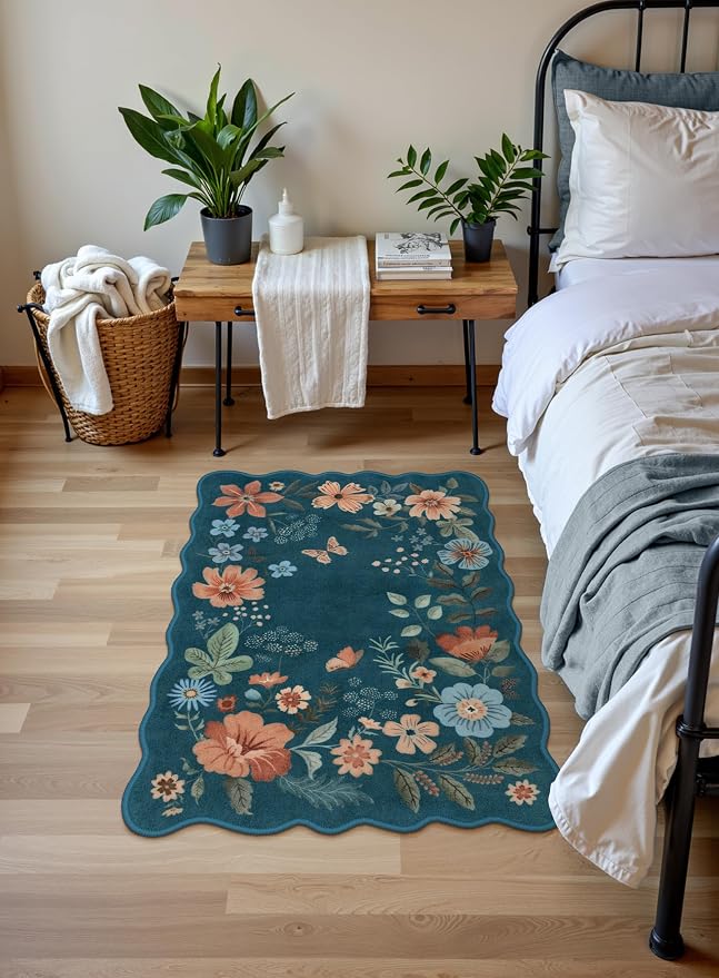 Lahome Floral Washable Entryway Rug, 2X3 Soft Kitchen Rugs Non-Slip Blue | Ultra-Thin Door Mat Indoor Entrance Stain Resistant Boho Small Carpet for Bathroom Bedroom Flore, Navy/Blue