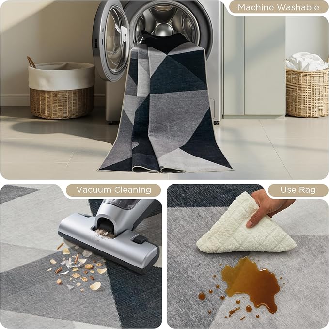 Joydeco 5x7 Geometric Washable Area Rug for Living Room, Black Gray White | Modern Non-Slip Low Pile Soft Stain Resistant Dark Gray Pet Child Friendly Carpet for Bedroom Dining Room Home Office