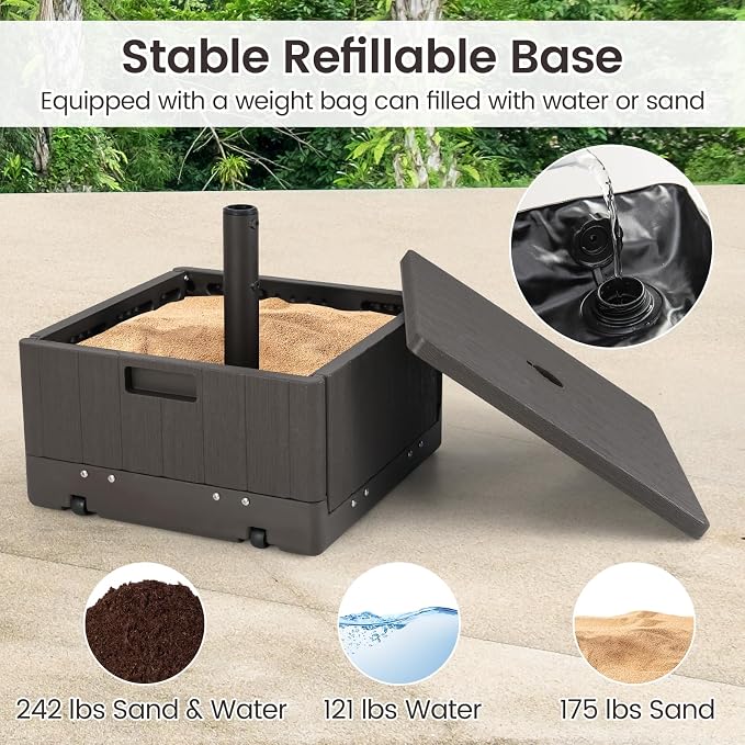 Tangkula 3-in-1 Patio Umbrella Base, 175 LBS Moveable Umbrella Stand w/Table Tray & Weighted Bag, Side Handles, HDPE Frame, 2 Pole Adapters, Garden Coffee Table Planter Box (Brown)