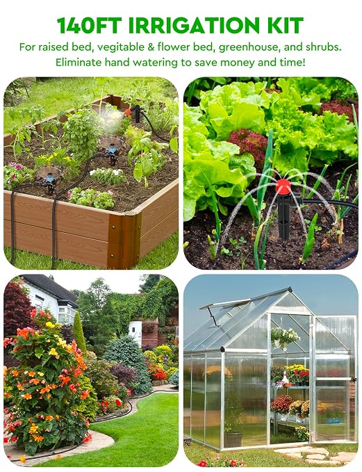 Drip Irrigation System, 40FT 1/2" Mainline & 100FT 1/4" Tubing, with Adjustable Drip Emitters Misting Sprinkler, Efficient Sprinkler System Kit for Flower Bed, Raised Bed, Greenhouse, Lawn