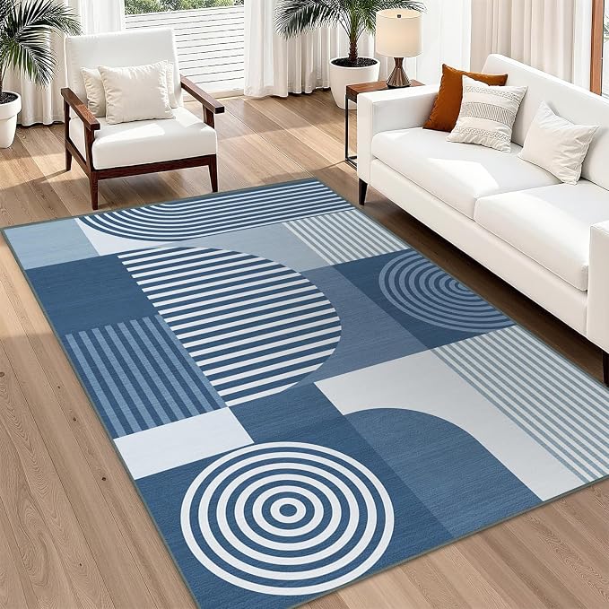 Area Rug 6x9 Living Room Blue Geometric Rug Machine Washable Minimalist Line Mid Century Modern Area Rugs Non Slip Low Pile Large Dining Room Indoor Floor Carpet for Bedroom Office,Blue