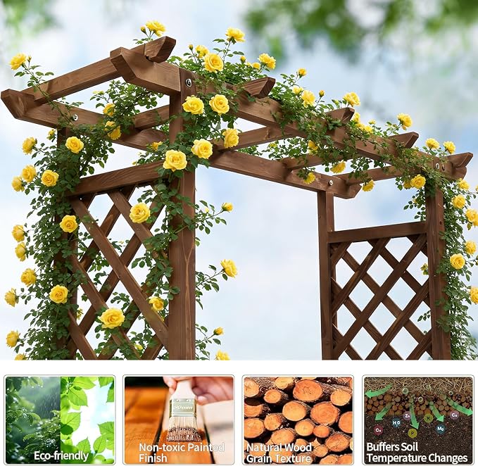 VINGLI Raised Garden Bed with Trellis & Hanging Roof, Wooden Elevated Planter Box with Drainage Holes for Outdoor Climbing Plants Vegetables Flowers, Patio Yard Balcony (Carbonized, Medium)