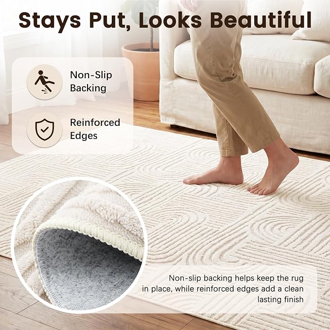Etwel 5.2 ft Beige Geometric Textured High-Low Pile Washable Round Rug | Modern Soft Carpet, Non-Slip PVC Backing, Low Profile, Kid and Pet Friendly, for Living Room, Bedroom, Dining Room, Nursery