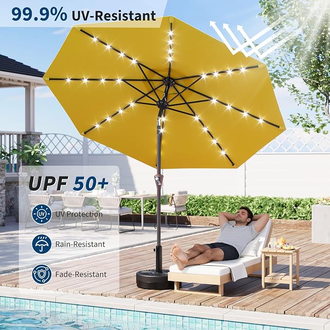 Garvee 9FT Solar Patio Umbrella with 32 LED Lights - Outdoor Table Umbrella with Crank Lift, Push Button Tilt and 8 Sturdy Ribs - Market Umbrella UV Protection for Pool, Deck, Yard, Garden -Yellow