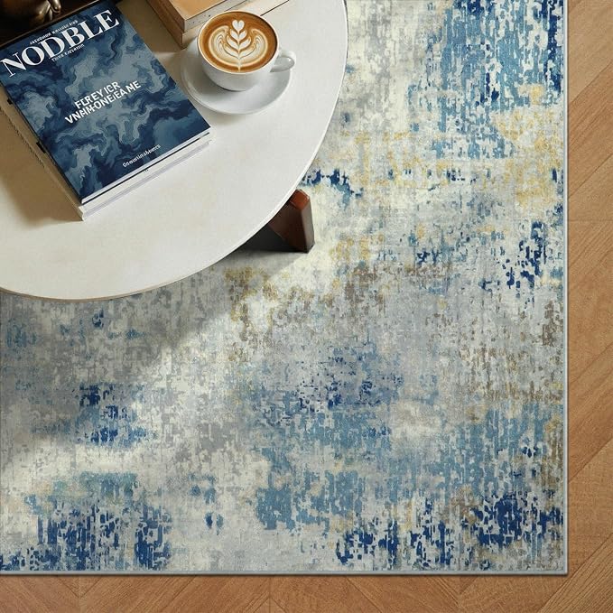 Lahome Modern Abstract 9x12 Area Rugs for Living Room, Washable Living Room Rug for Bedroom Low Pile Non Slip, Soft Indoor Accent Carpet for Dining Room Table Apartment, Blue/Grey