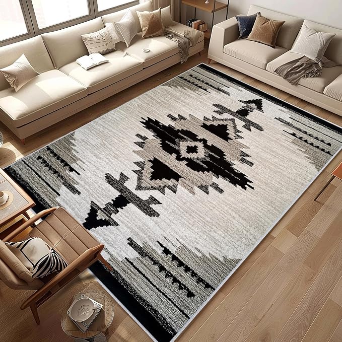 Western Area Rug Southwestern Aztec Washable 6x9 Rugs for Living Room Bedroom Tribal Black Gray Beige Non-Slip Soft Floor Large Carpet for Office Entryway Bathroom