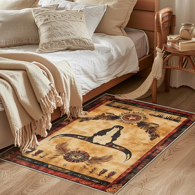 Western Area Rug Southwestern Cow Washable 2x3 Navajo Tribal Rugs for Living Room Bedroom Cowboy Rustic Non-Slip Soft Floor Large Carpet for Office Entryway Bathroom