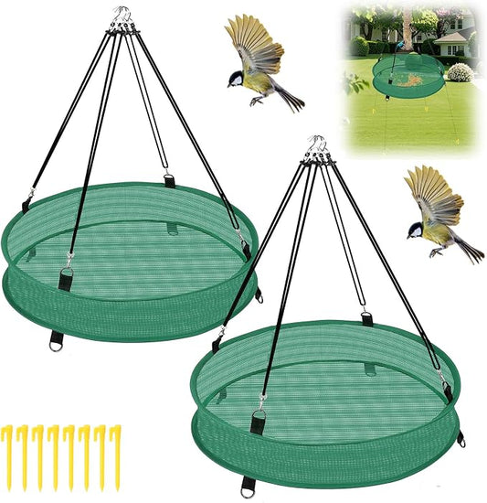 Lettry 2Pcs Bird Seed Catcher Tray with 8pcs Plastic Stakes for Hanging Bird Feeder Platform, Birdseed Hoop for Outdoor Garden Hanging Tray (Green, 16inch)