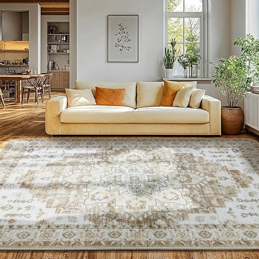 LBRO2M Machine Washable Rug Soft Pet Friendly Carpet 8X10 Cream | Persian Rug 8X10 for Living Room, Bedroom, Dining Room, Home Office, Non Slip Carpet, Foldable Stain Resistant Rugs