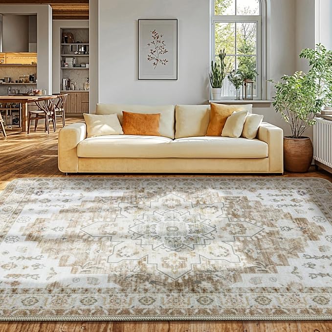LBRO2M Machine Washable Rug Soft Pet Friendly Carpet 9X12 Cream | Persian Large Rug 9X12 for Living Room, Bedroom, Dining Room, Home Office, Non Slip Soft Carpet, Stain Resistant Rugs