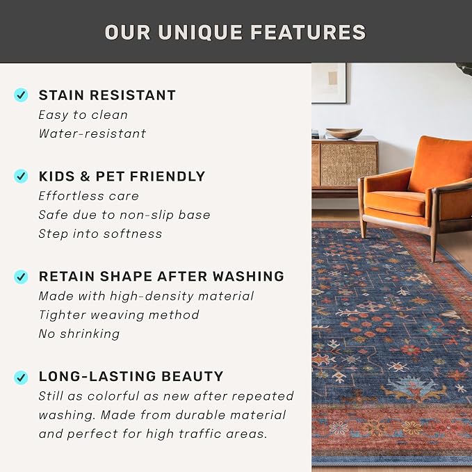 Navy Blue Area Rugs 9x12 Living Room, Dining Room Rugs for Under Table - Washable Low Pile Non-Slip Rugs for Bedroom - Vintage Boho Eclectic Home Decor - Ultra Soft Faux Wool Stain Resistance