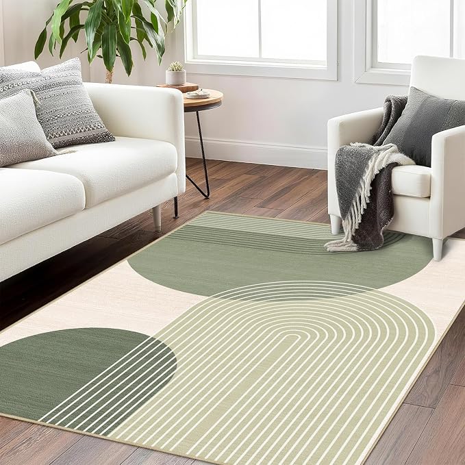 Boho Large Area Rug 4x6 for Living Room Bohemian Rugs Machine Washable Modern Geometric Rug Non Slip Printed Low Pile Indoor Floor Carpet for Dining Room Bedroom Office,Green