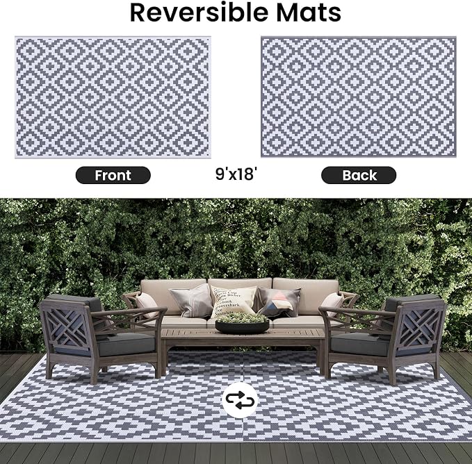 Smiry Waterproof Outdoor Rug 9X18 ft, Reversible Plastic Straw Patio Camping Rugs, Outdoor Indoor RV Mat Carpet for Patio, Outside Entry, Backyard, Deck, Bench, Picnic, Camper, White & Grey