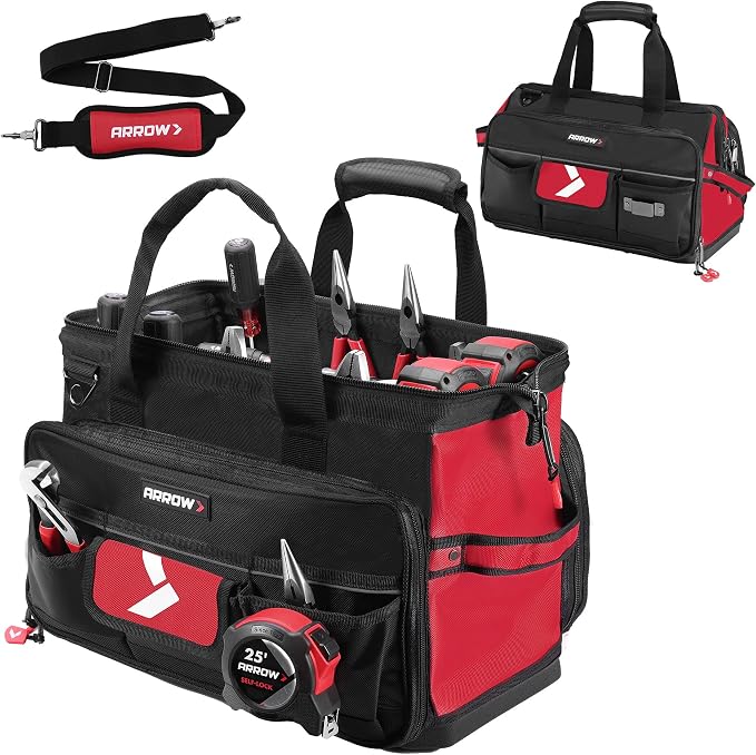 ARROW 17" Large Tool Bag with 36 Multipurpose Pockets, Tool Bags for Men Heavy Duty with Waterproof Hard Base, Reflective Band, Wide Open Mouth Toolbag for Electrician Mechanic Plumber HVAC